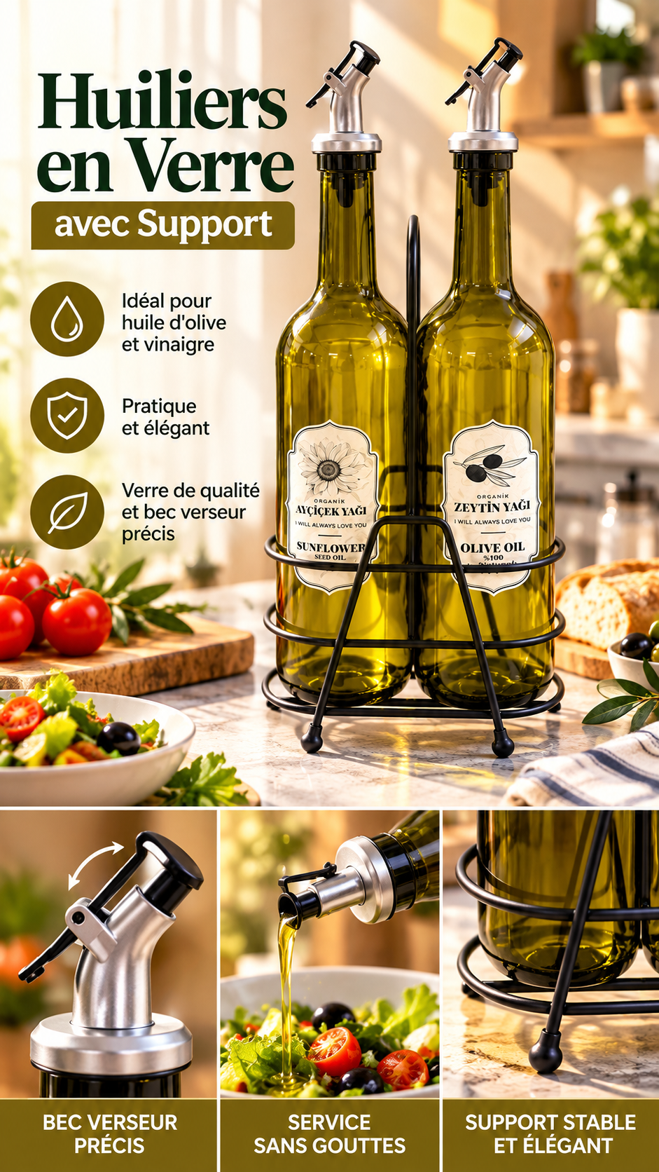 Deux huiliers en verre avec becs verseurs et support métallique noir