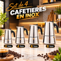 Quatre formats de cafetières italiennes en inox avec poignée noire : 2, 4, 6 et 9 tasses