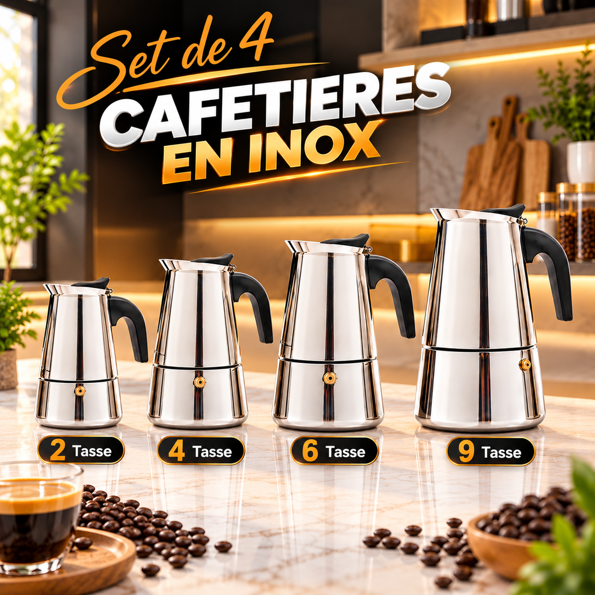 Quatre formats de cafetières italiennes en inox avec poignée noire : 2, 4, 6 et 9 tasses