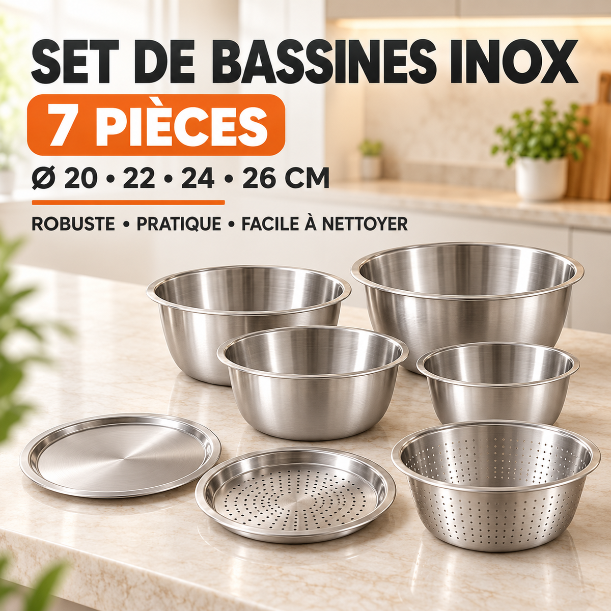 Set Bols Inox 7 Pièces Kitchen — Préparez, Lavez, Râpez & Servez Facilement !