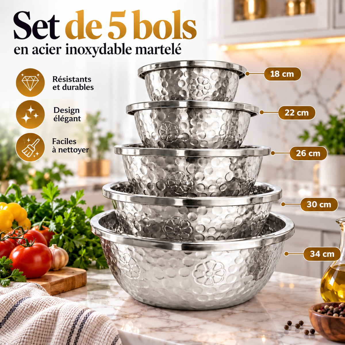 Set de bols en acier inoxydable martelé – 5 pièces