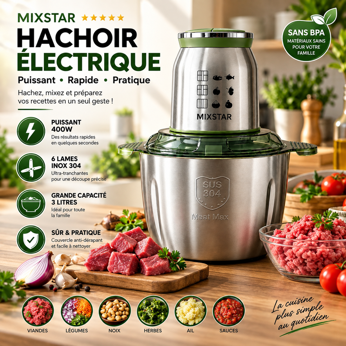 Hachoir Électrique MIXSTAR 3L – 400W | 6 Lames Inox