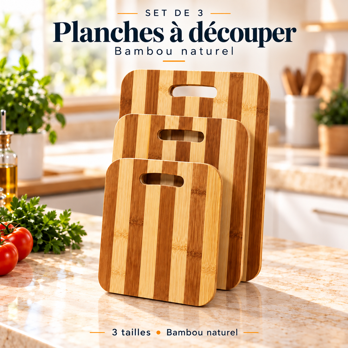 Set de 3 Planches à Découper Rectangulaires en Bambou avec Poignées