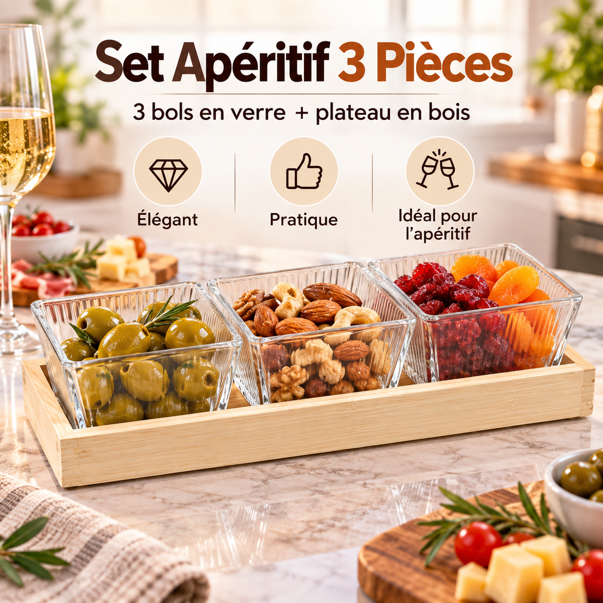 Set Apéritif 3 Pièces — 3 bols en verre côtelé + plateau en bois naturel, élégant et pratique