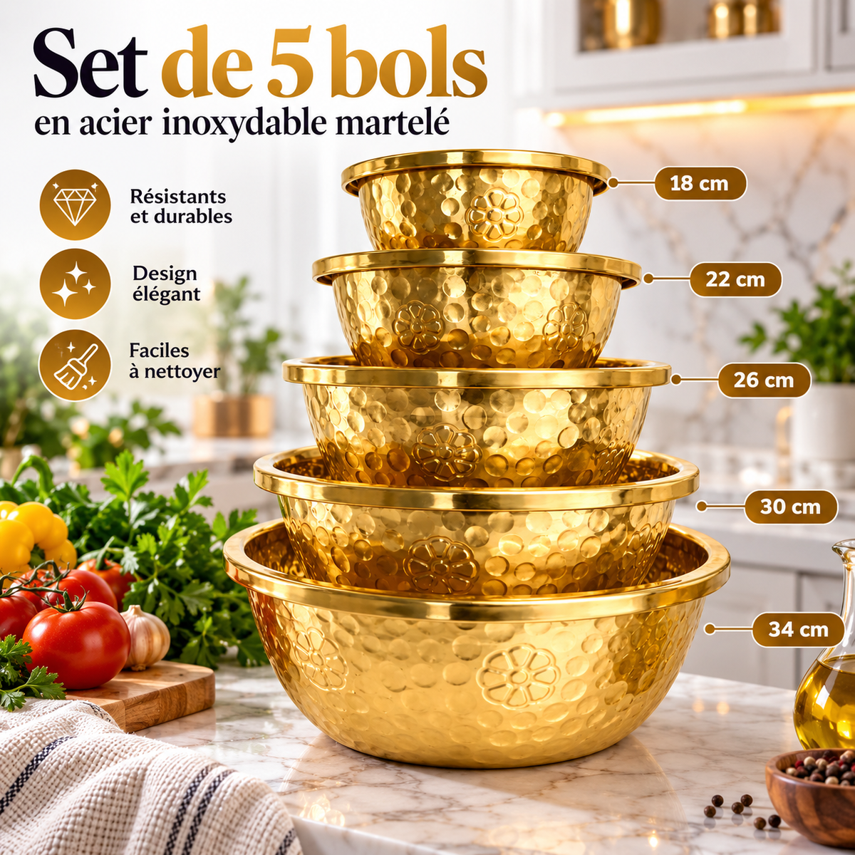 Set de bols en acier inoxydable martelé – 5 pièces