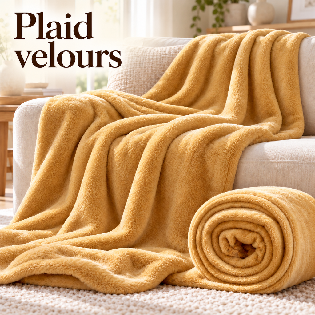 Plaid en velours jaune moutarde sur un canapé