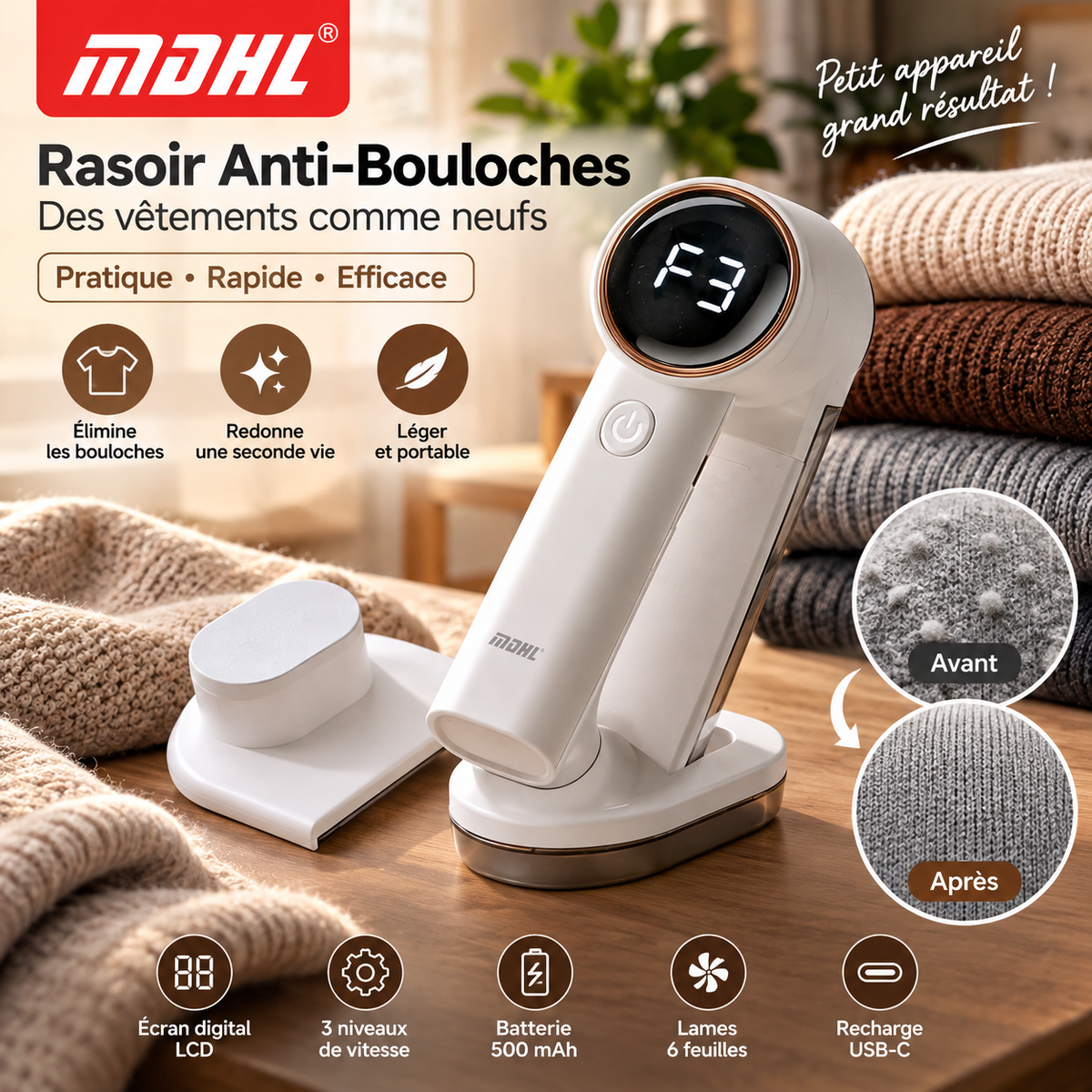 Rasoir Anti-Bouloches MDHL - Écran LCD, 3 vitesses, recharge USB-C