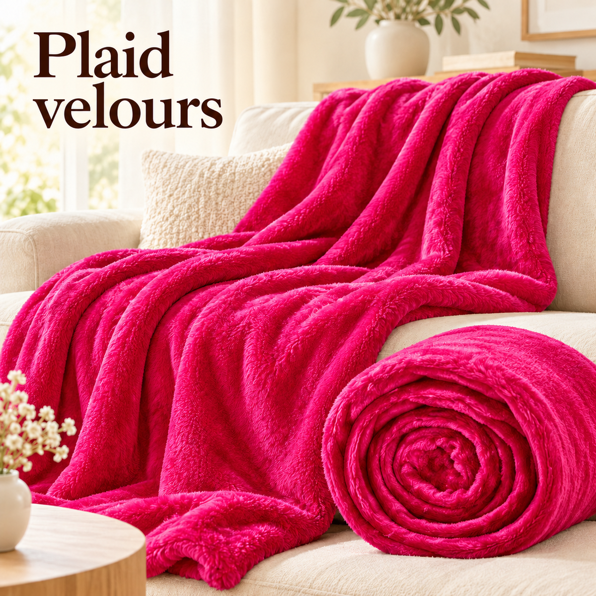 Plaid en velours fuchsia avec présentation roulée