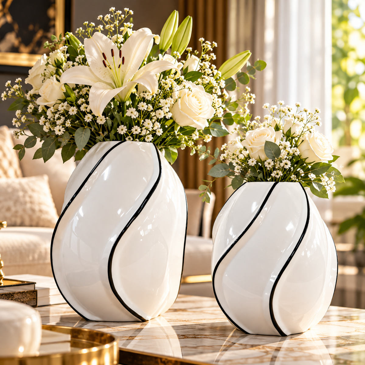 Deux vases blancs sculpturaux aux courbes arrondies et liseré noir, présentés avec des bouquets