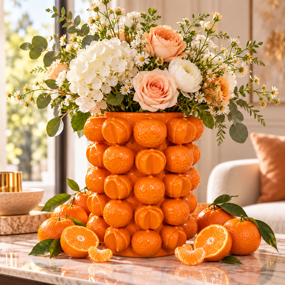 Vase orange sculptural au motif d'agrumes, garni d'un bouquet de fleurs