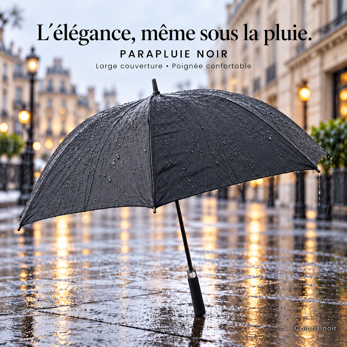 Parapluie noir ouvert à large couverture avec poignée droite, présenté sous la pluie