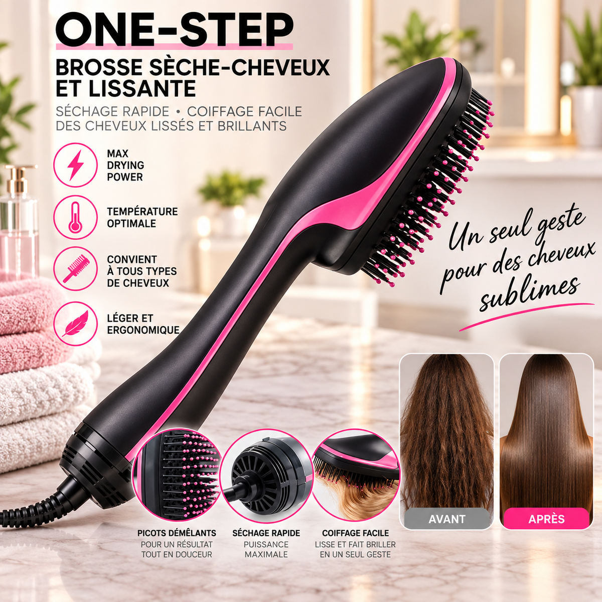 Brosse Séchoir 2 en 1 — 1500W | Séchage & Coiffage en Un Seul Geste 💨✨