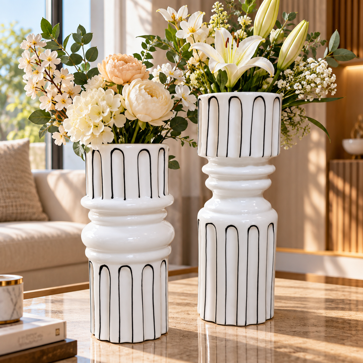 Deux vases blancs aux motifs de lignes noires et aux formes sculpturales, décorés de bouquets