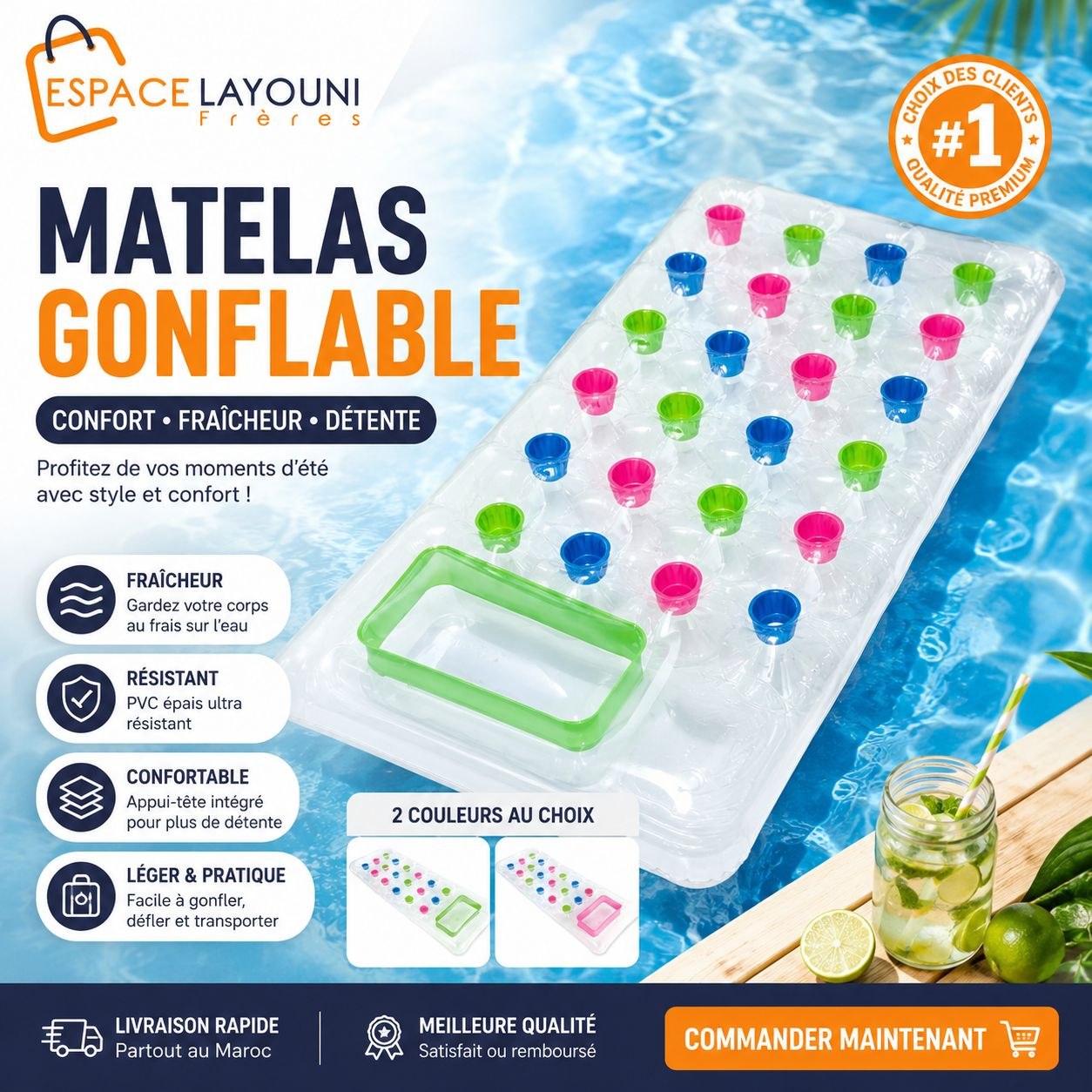 Matelas Gonflable Transparent 18 Trous avec Appuie-Tête