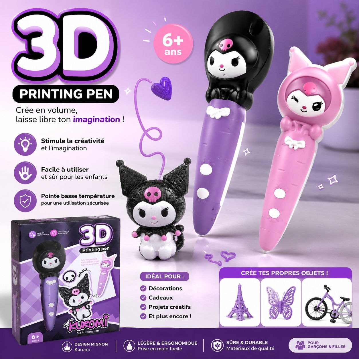 Stylo 3D Printing Pen Kuromi — Crée en volume, laisse libre ton imagination !
