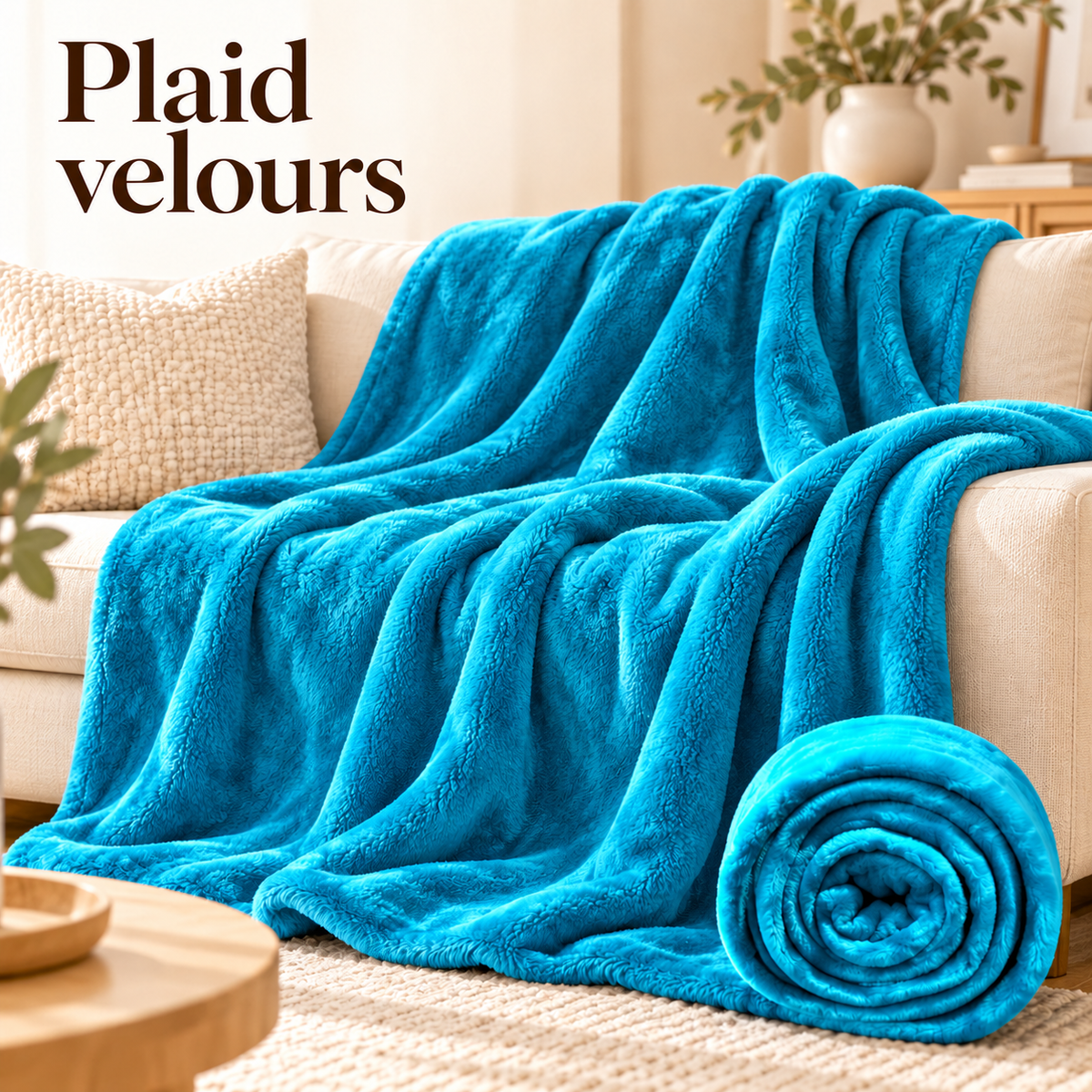 Plaid en velours turquoise drapé sur un canapé