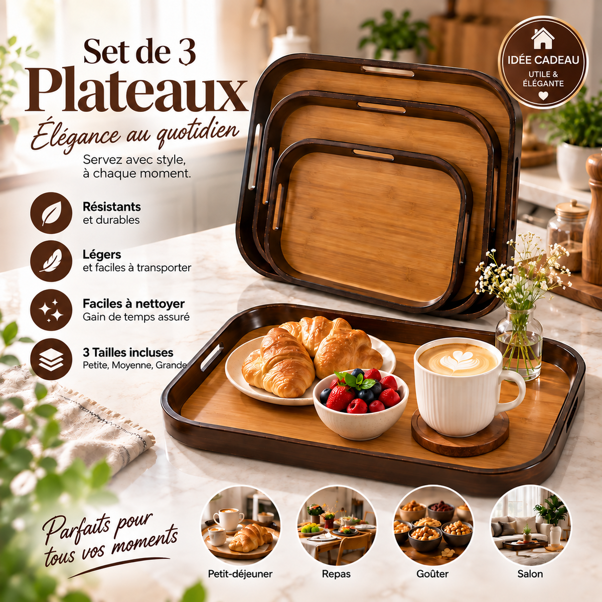 Plateaux de Rangement En Bois 3 Pcs