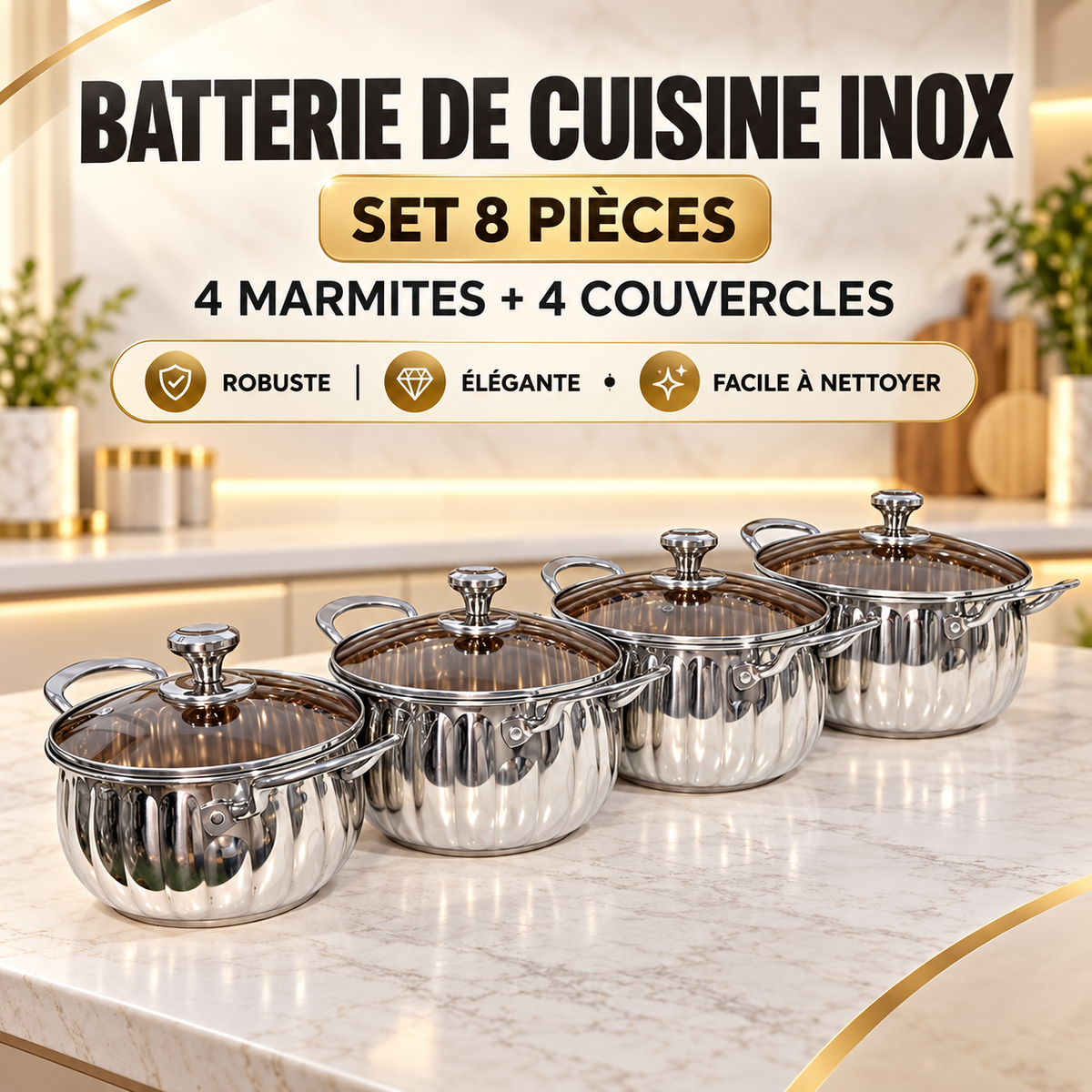 Batterie de Cuisine Inox 8 Pièces — 4 marmites + 4 couvercles verre, design élégant cannnelé