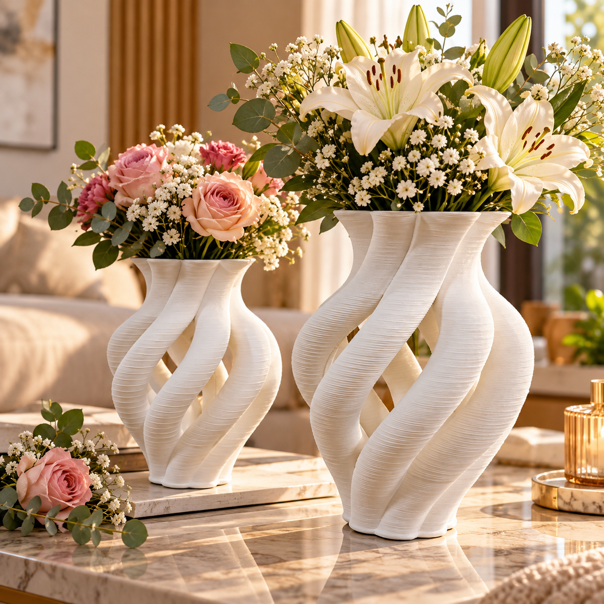 Deux vases blancs sculpturaux aux formes torsadées et striées, présentés avec des bouquets