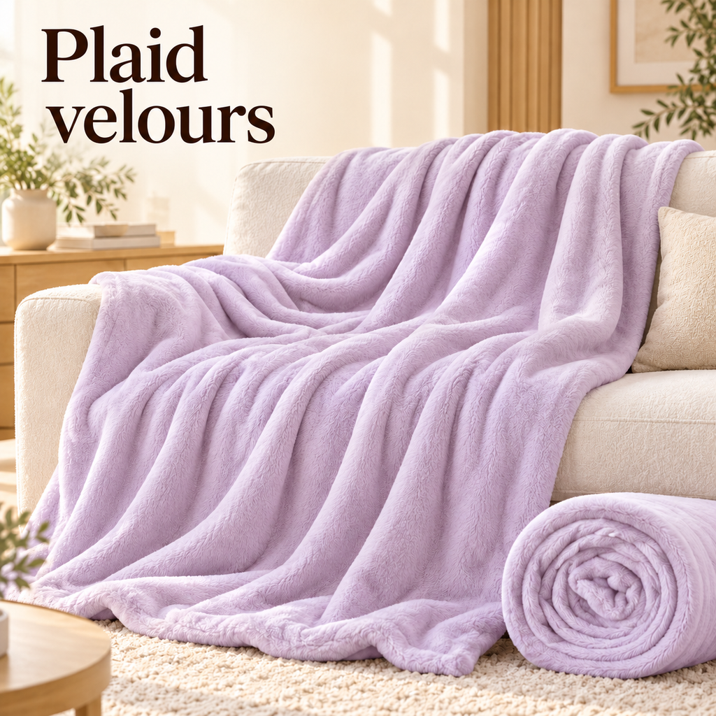 Plaid en velours lilas présenté sur un canapé