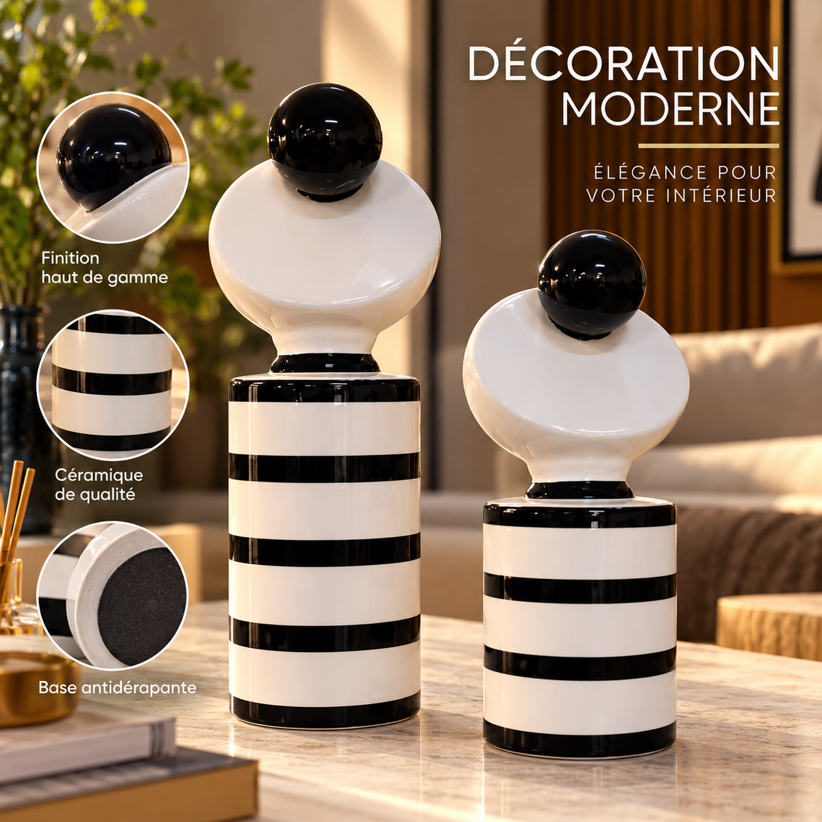 Deux objets décoratifs en céramique blanche à bandes noires, finition brillante et base antidérapante