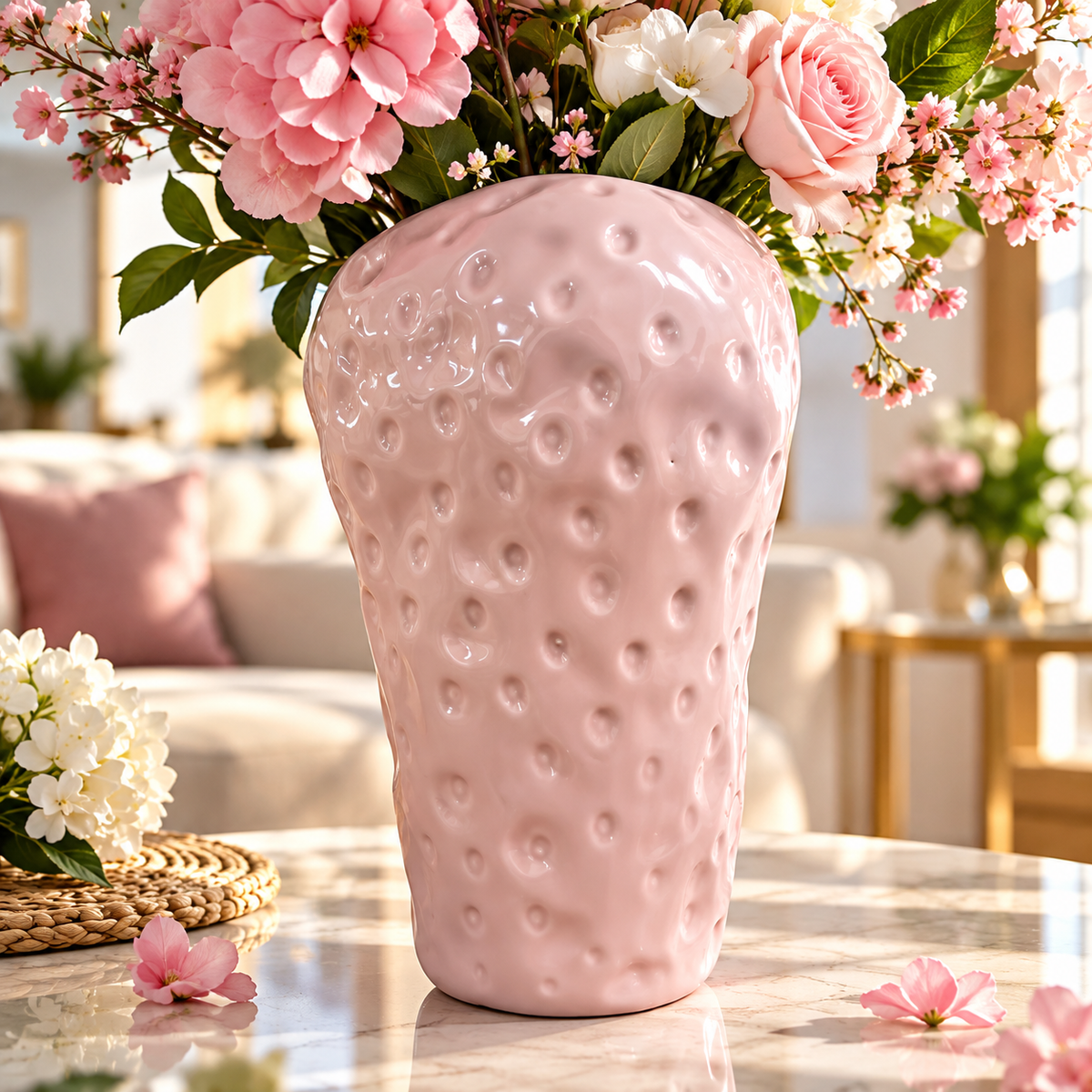 Grand vase décoratif rose pâle à reliefs, présenté avec un bouquet floral