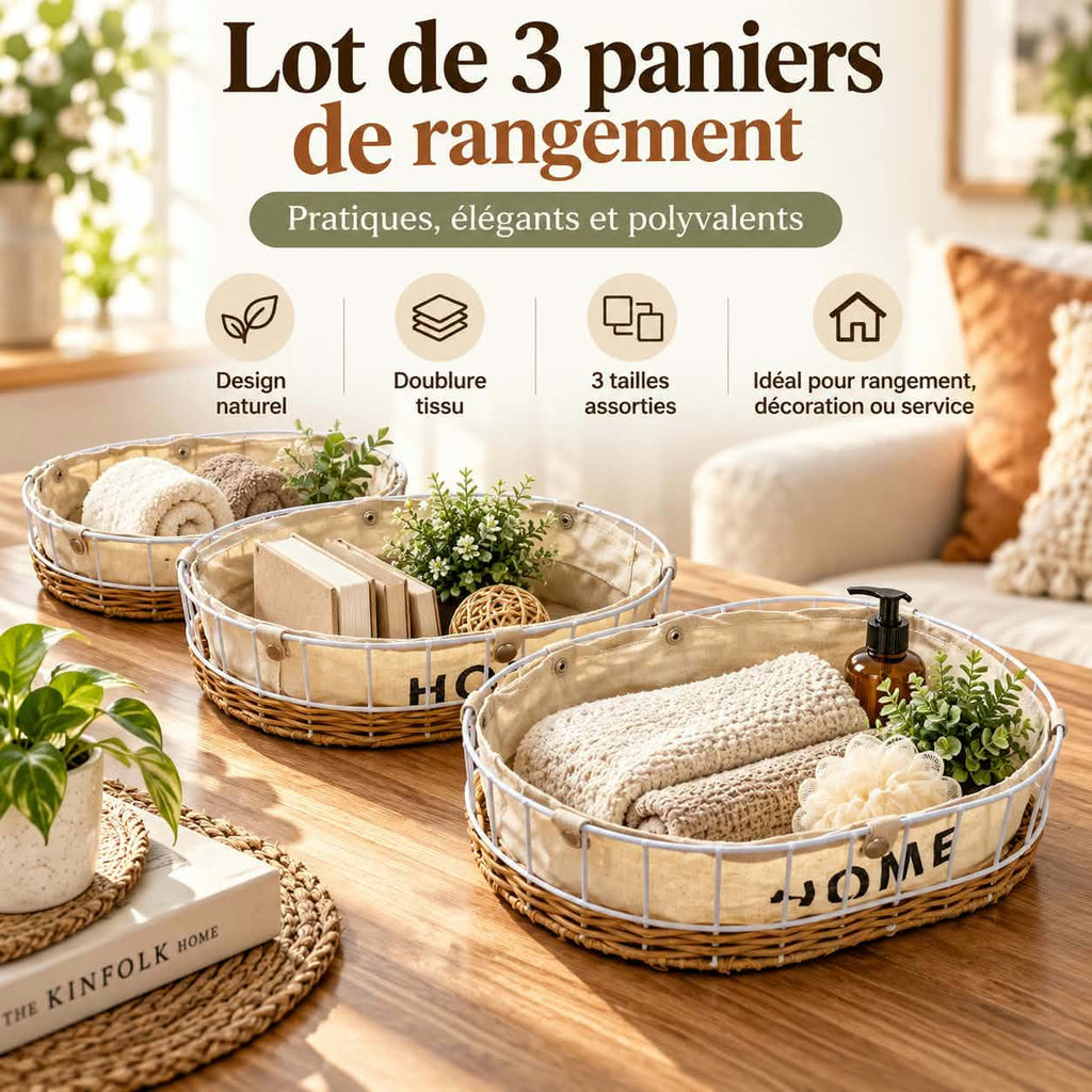 Set de 3 Paniers de Rangement Ovales — Design Élégant & Doublure Tissu Amovible | Pratiques, Décoratifs & Polyvalents 🧵✨