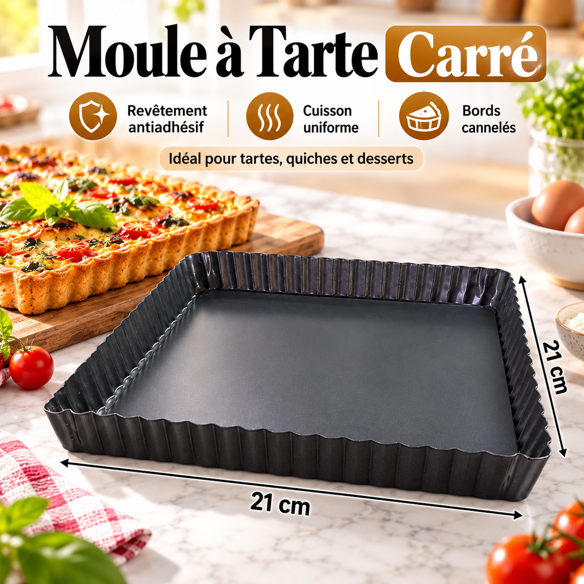Moule à Tarte Carré 21×21 cm — antiadhésif, cuisson uniforme, bords cannnelés, démoulage facile