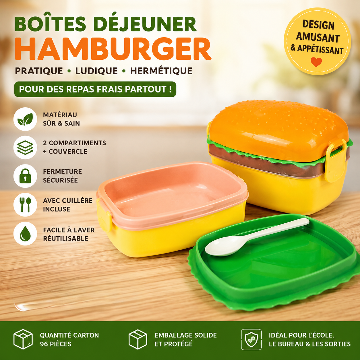 Boîte Déjeuner Hamburger — Pratique • Ludique • Hermétique | Repas frais partout !