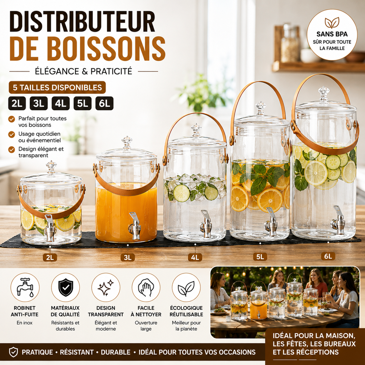 Distributeur de Boissons en Verre Anse Dorée — Élégance & Praticité | 4 Tailles
