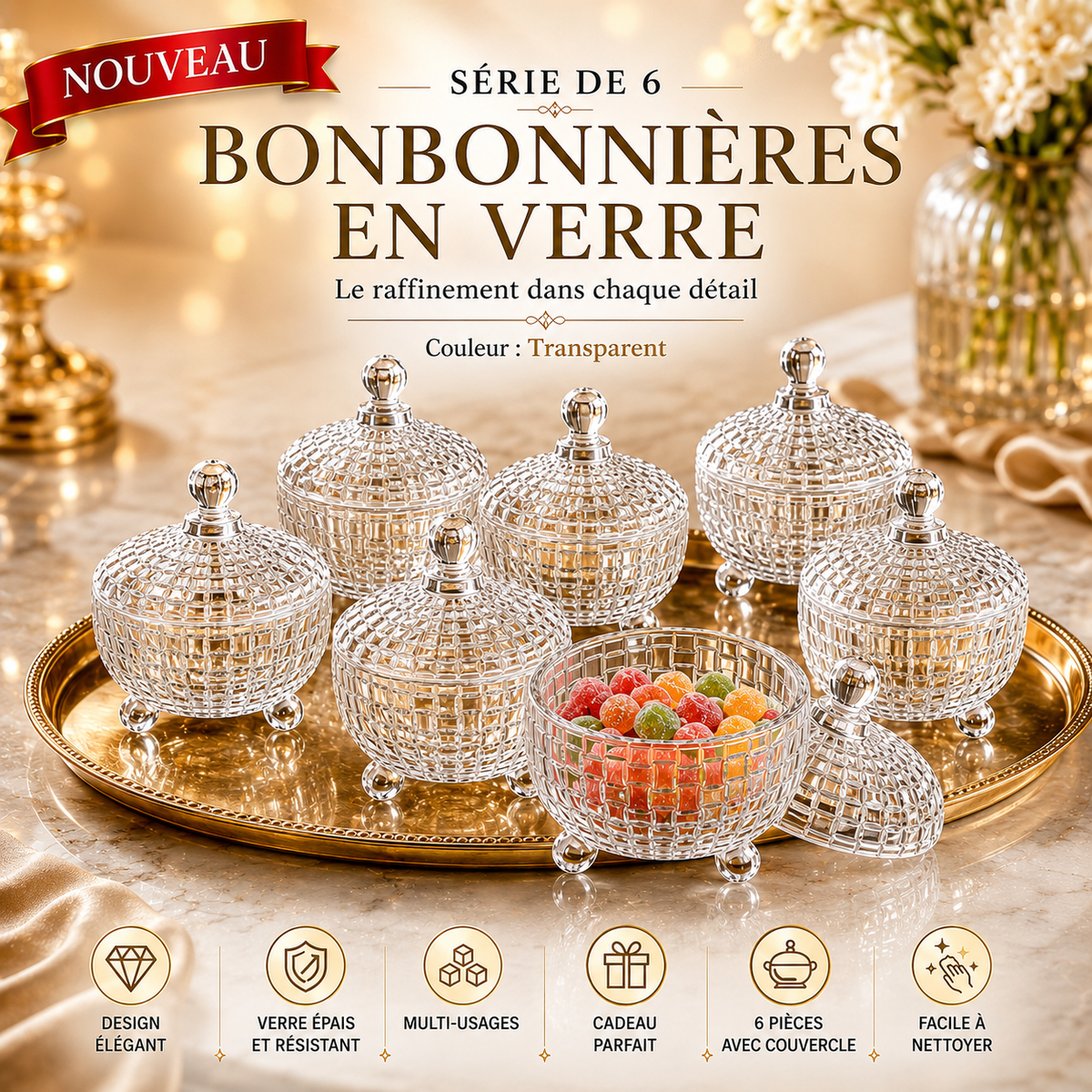 Série de 6 Bonbonnière en verre