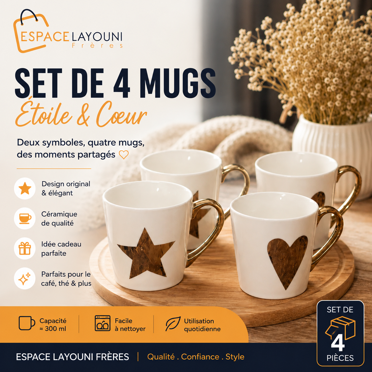 Set de 4 Mugs Étoile & Cœur — Deux symboles, des moments partagés