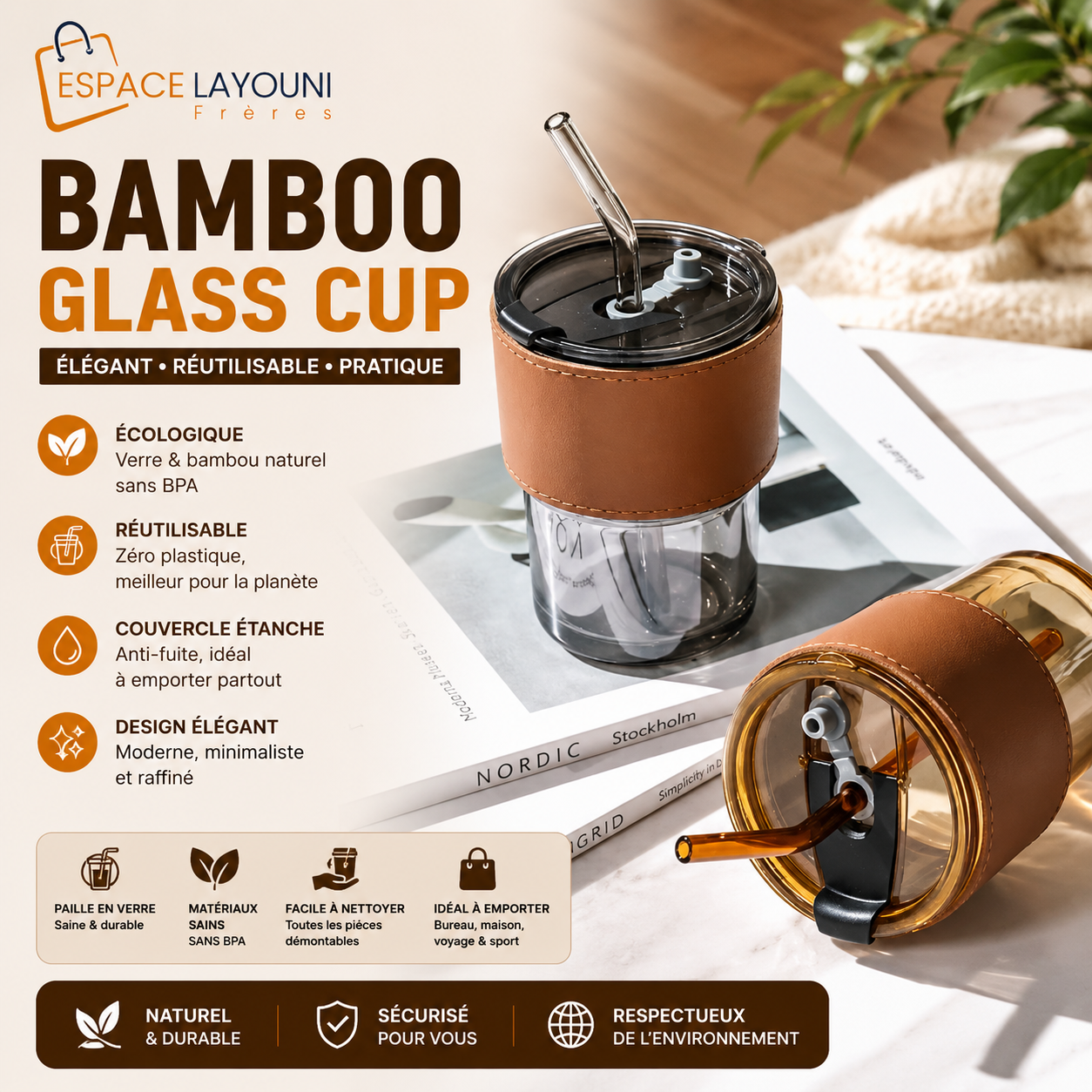 Bamboo Glass Cup — Set 2 Pièces | Naturel, Élégant & Réutilisable