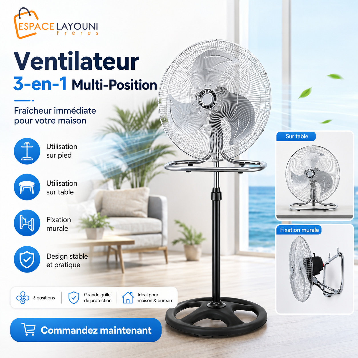 Ventilateur 3-en-1 Multi Position – Table, Pied & Mural