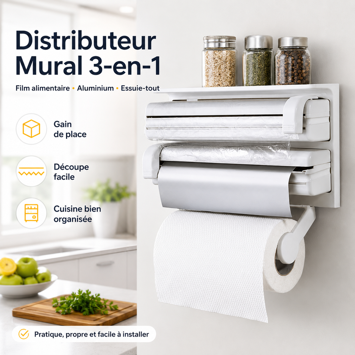 Distributeur Mural 3-en-1 Film Alimentaire Aluminium Essuie-tout — Découpe facile, étagère intégrée