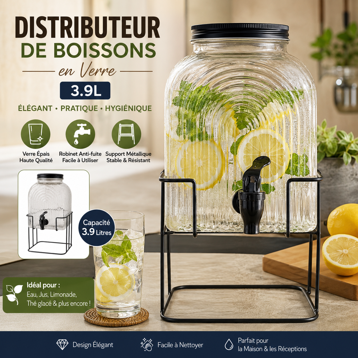Distributeur de Boissons en Verre 3.9L avec robinet anti-fuite et support métallique