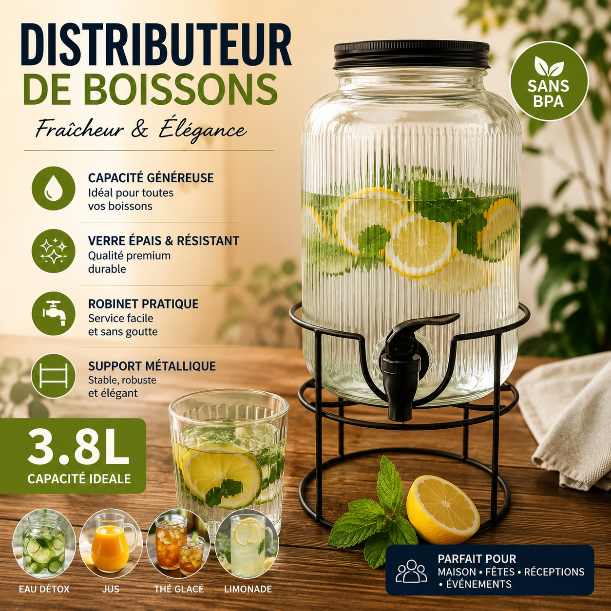 Distributeur de Boissons en Verre 3.8L Sans BPA avec robinet et support métallique