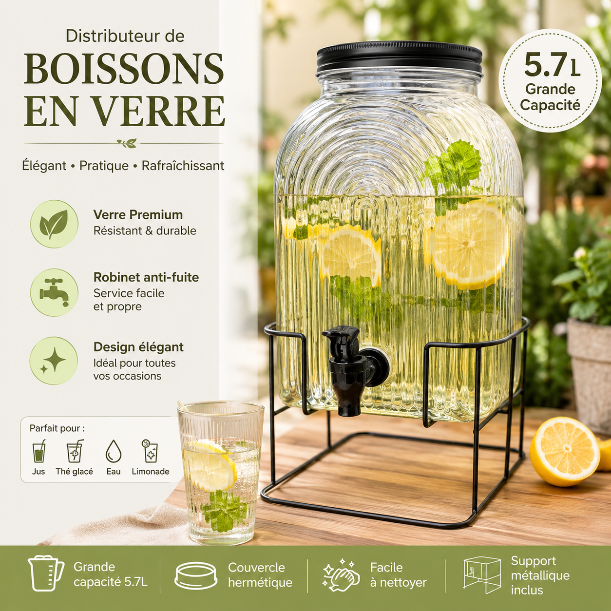 Distributeur de Boissons en Verre 5.7L Grande Capacité avec robinet anti-fuite et support métallique