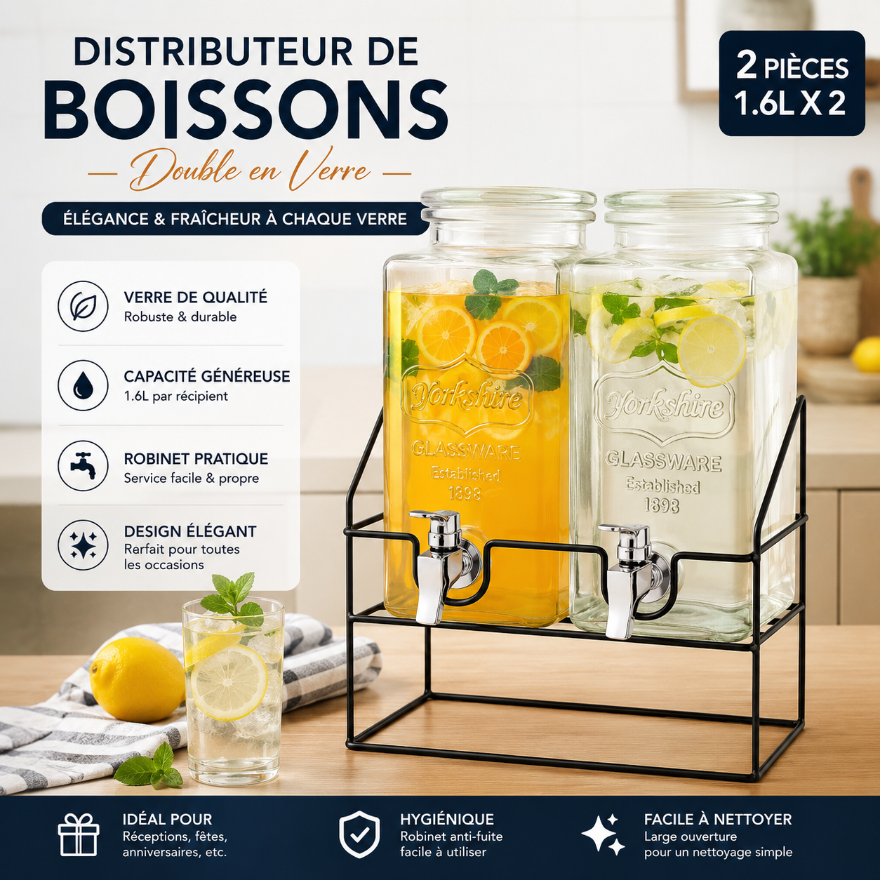 Distributeur Double de Boissons en Verre Yorkshire 2 pièces 1.6L x 2 avec support métallique