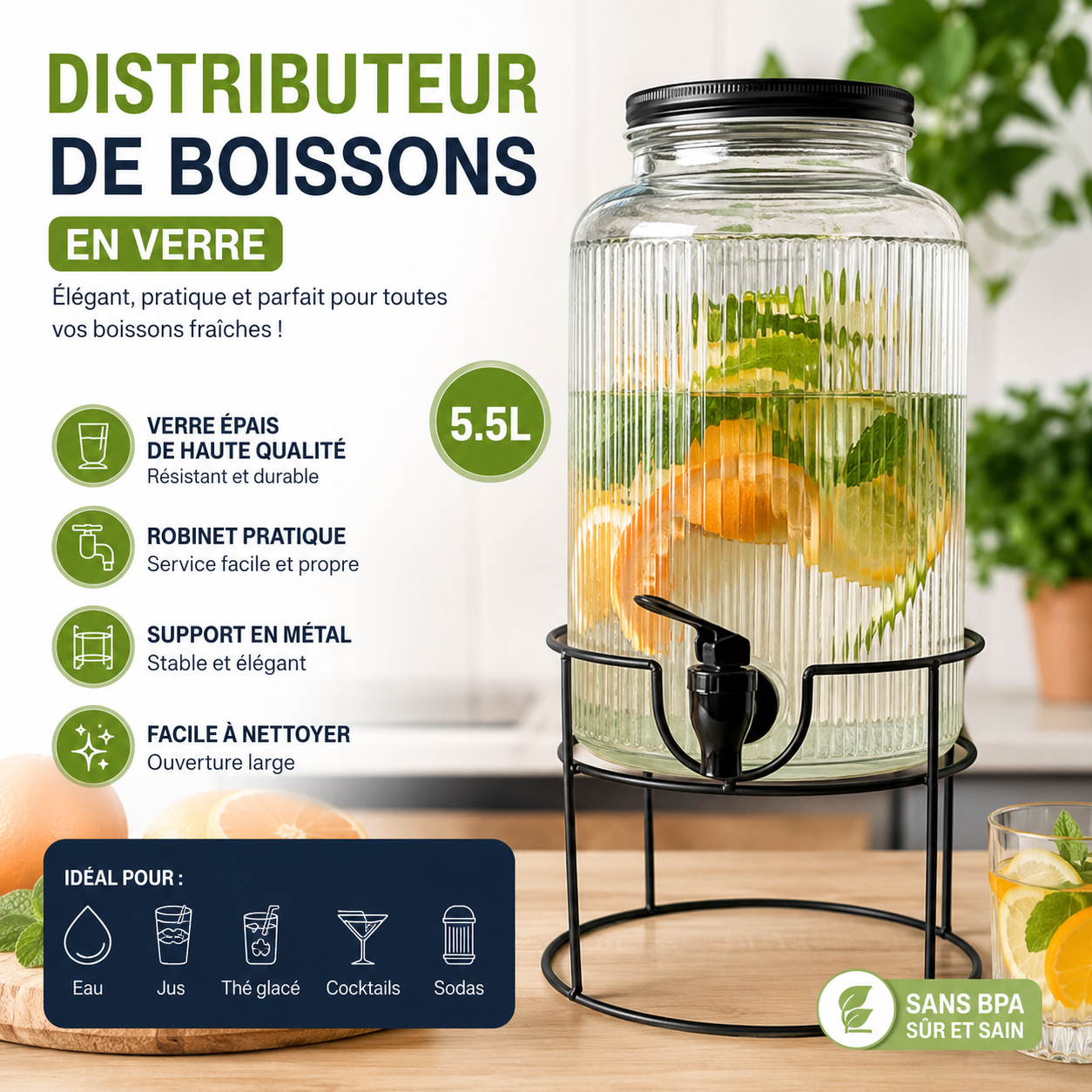 Distributeur de Boissons en Verre 5.5L Sans BPA avec robinet pratique et support métal rond
