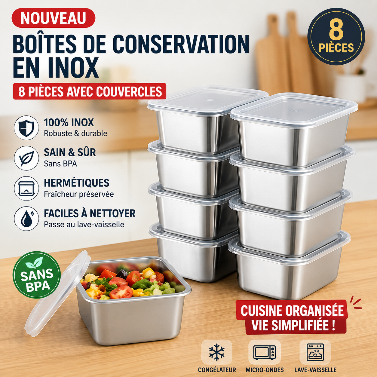 Boîtes de Conservation en Inox 8 Pièces avec Couvercles — Sans BPA, Hermétiques