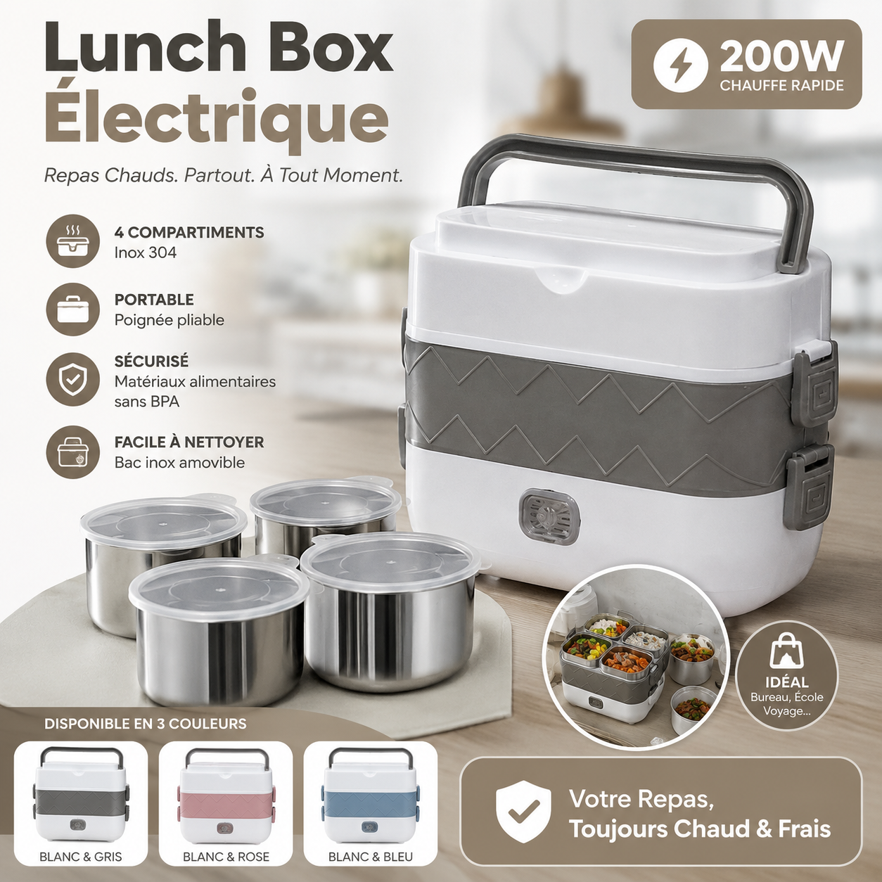 Lunch Box Électrique 200W 4 Compartiments Inox 304 — 3 couleurs blanc gris rose bleu