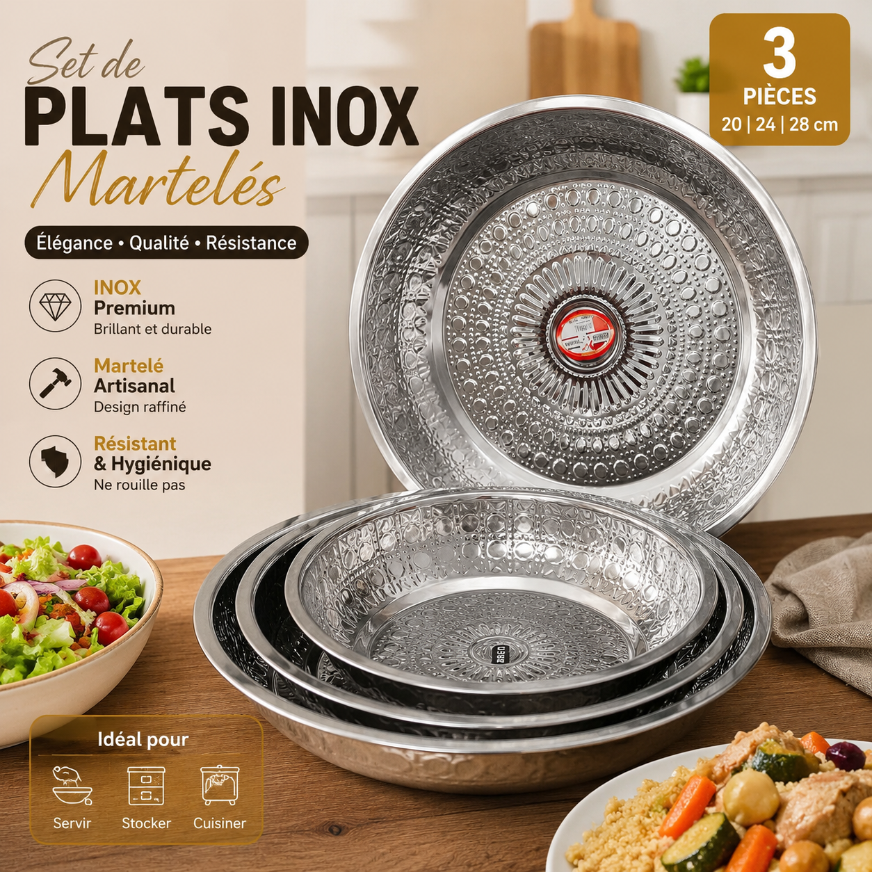 Set de Plats Inox Martelés 3 Pièces 20 24 28 cm — Élégant et résistant