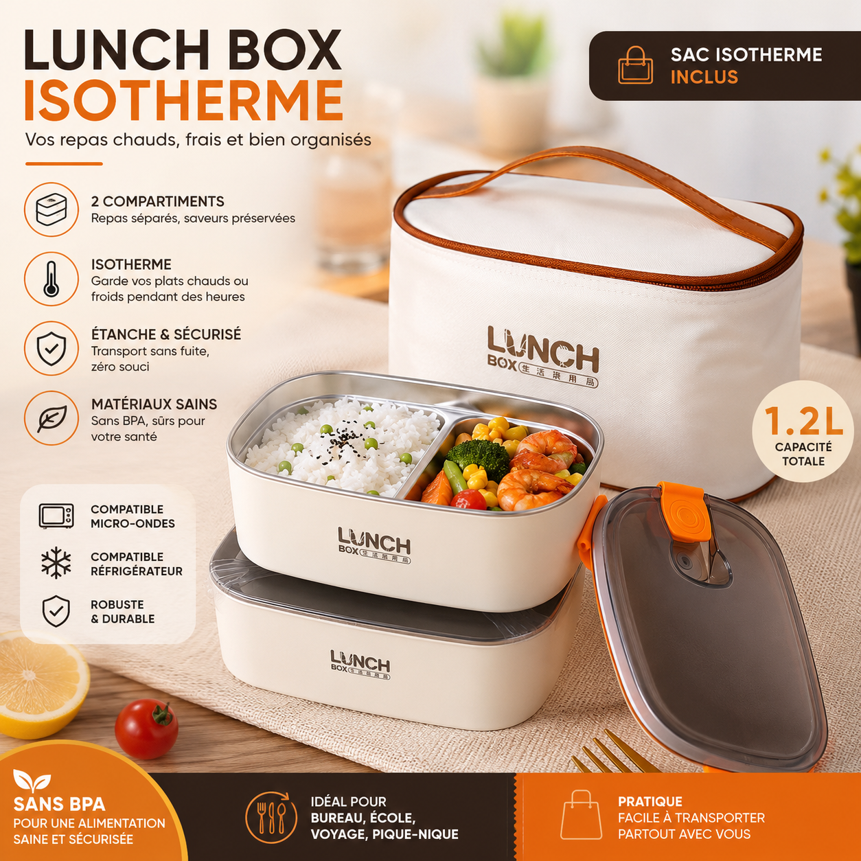 Lunch Box Isotherme 1.2L 2 Compartiments avec Sac Isotherme Inclus — Sans BPA