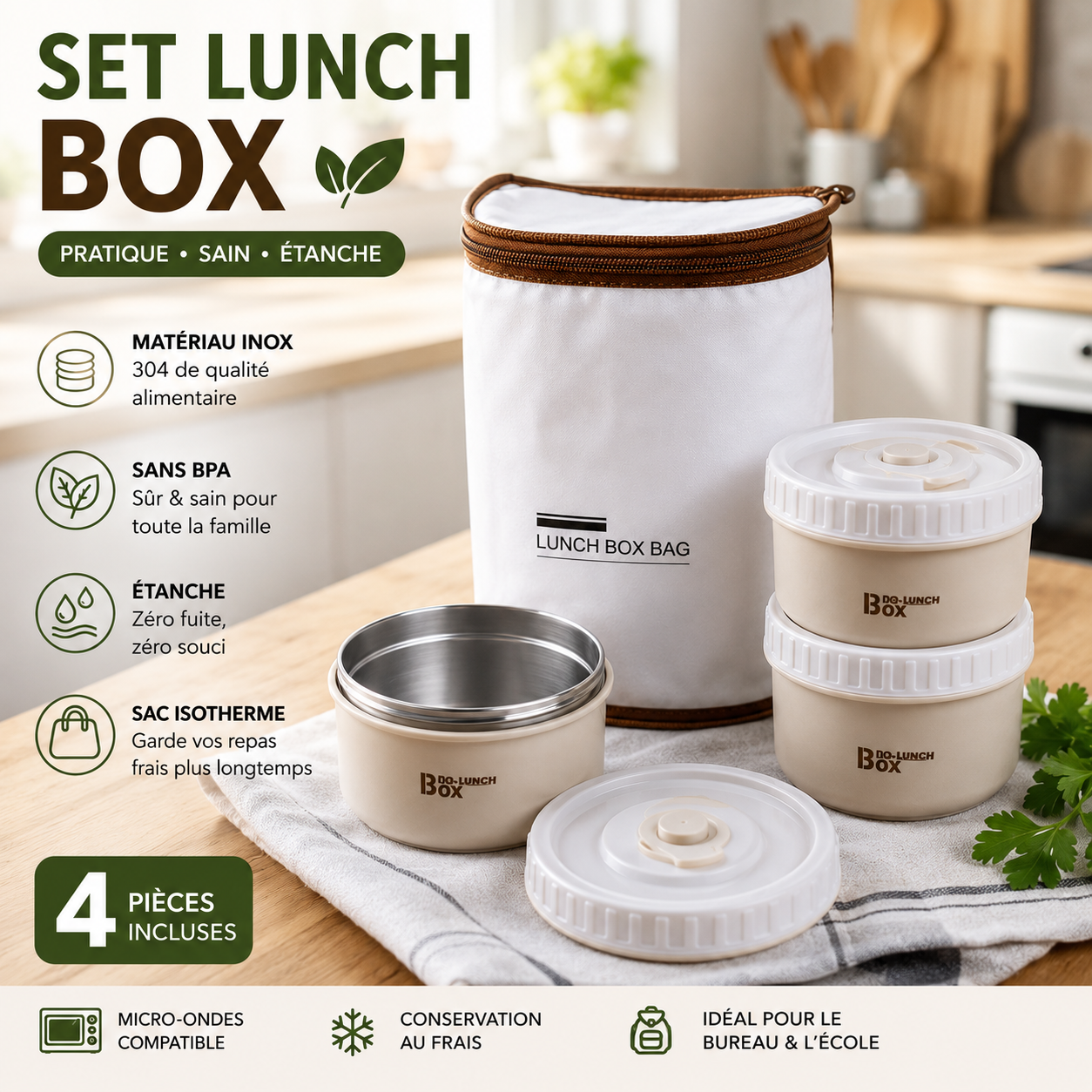 Set Lunch Box DO-LUNCH BOX 4 Pièces Inox 304 avec Sac Isotherme — Sans BPA Étanche