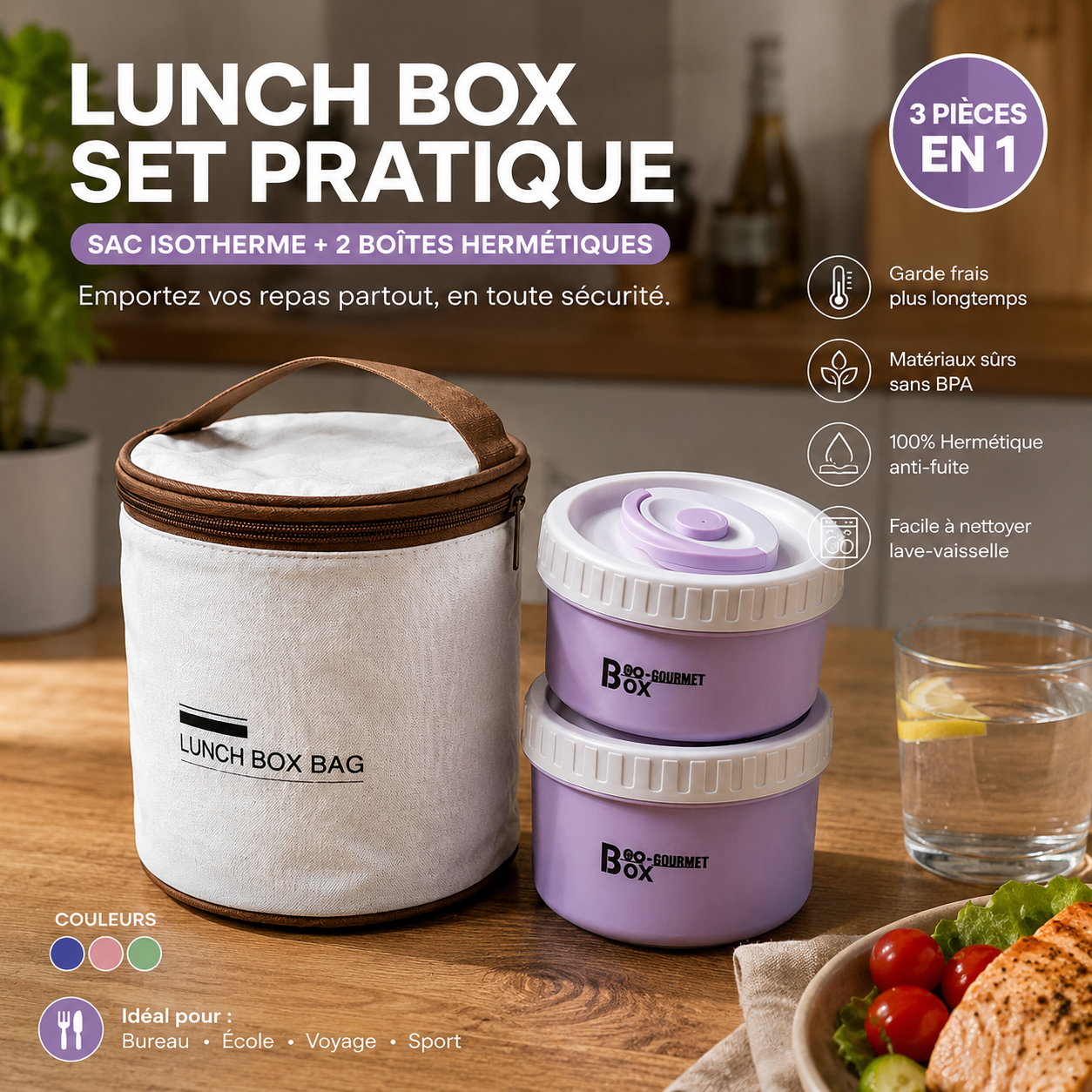 Lunch Box Set Pratique 3-en-1 BO-GOURMET BOX Sac Isotherme + 2 Boîtes — 3 couleurs bleu rose vert