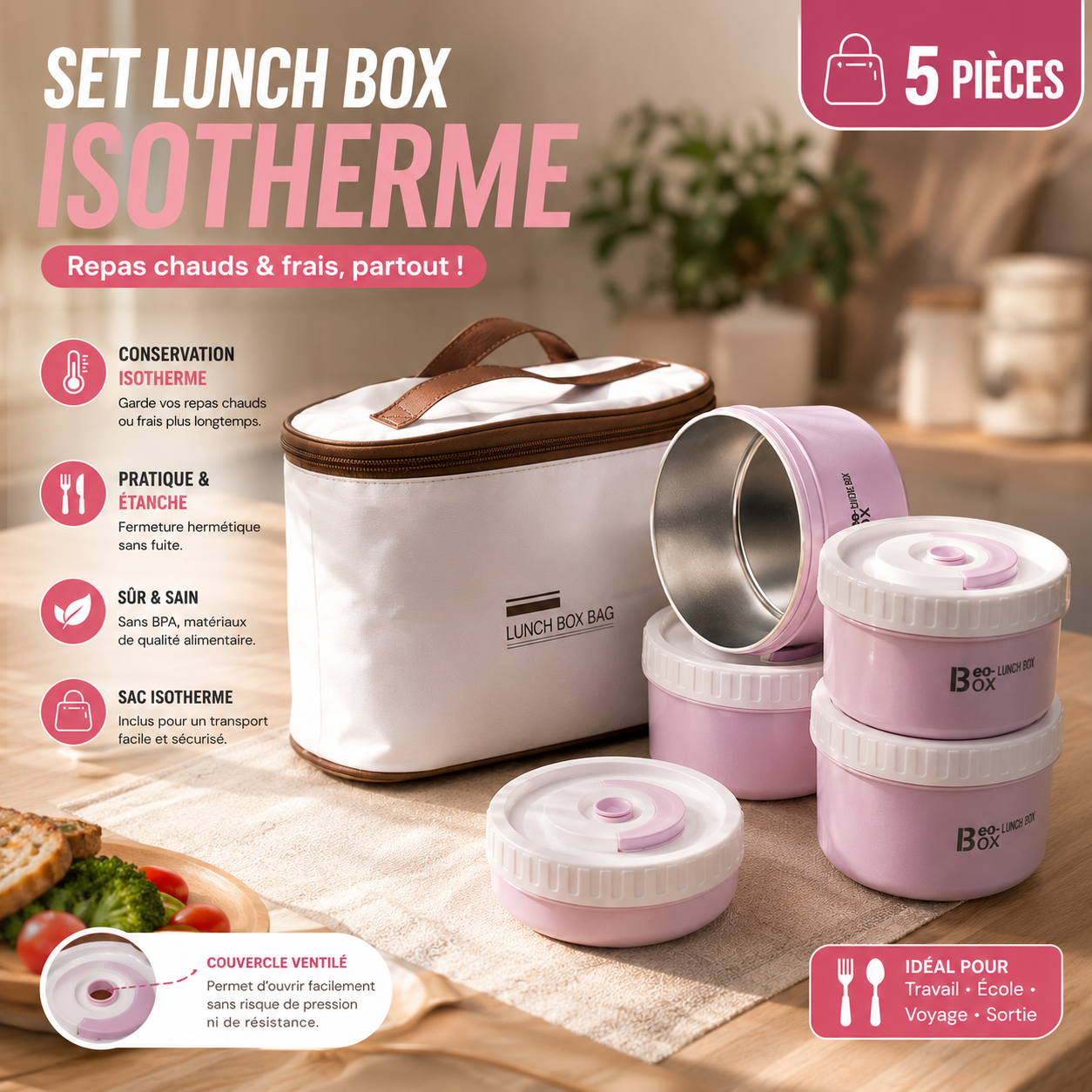 Set Lunch Box Isotherme 5 Pièces BO-LUNCH BOX avec couvercle ventilé et sac isotherme rose