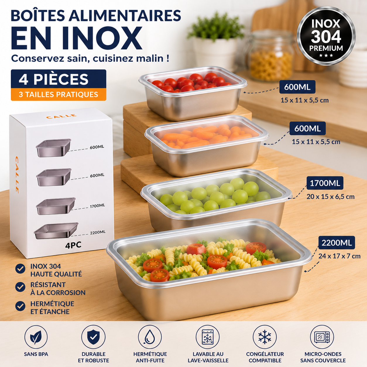 Boîtes Alimentaires en Inox 304 CALLE 4 Pièces 600ml 1700ml 2200ml — Sans BPA Hermétiques