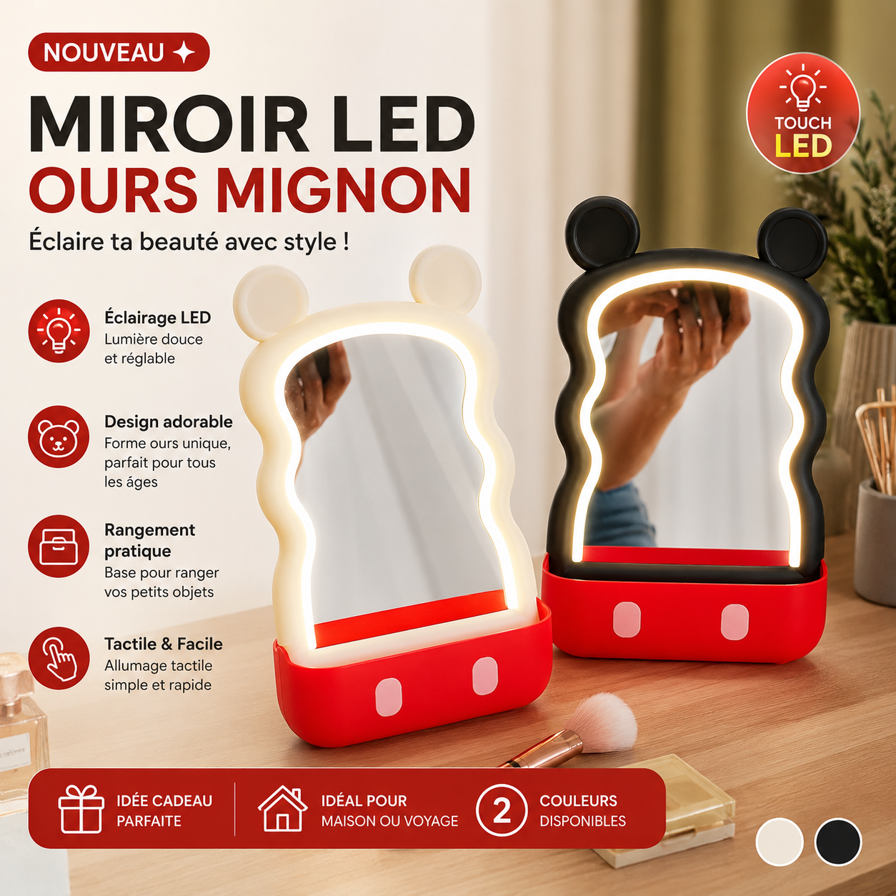 Miroir LED Ours Mignon Touch 2 couleurs blanc et noir — éclairage réglable rangement intégré