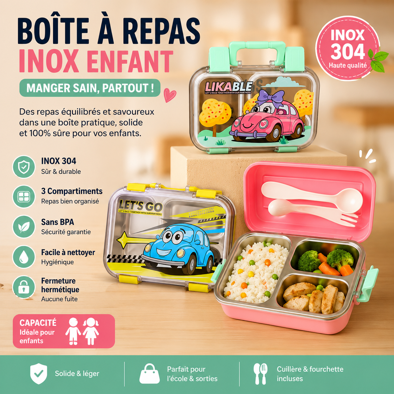 Boîte à Repas Inox 304 Enfant 3 Compartiments LIKABLE LET'S GO avec couverts inclus